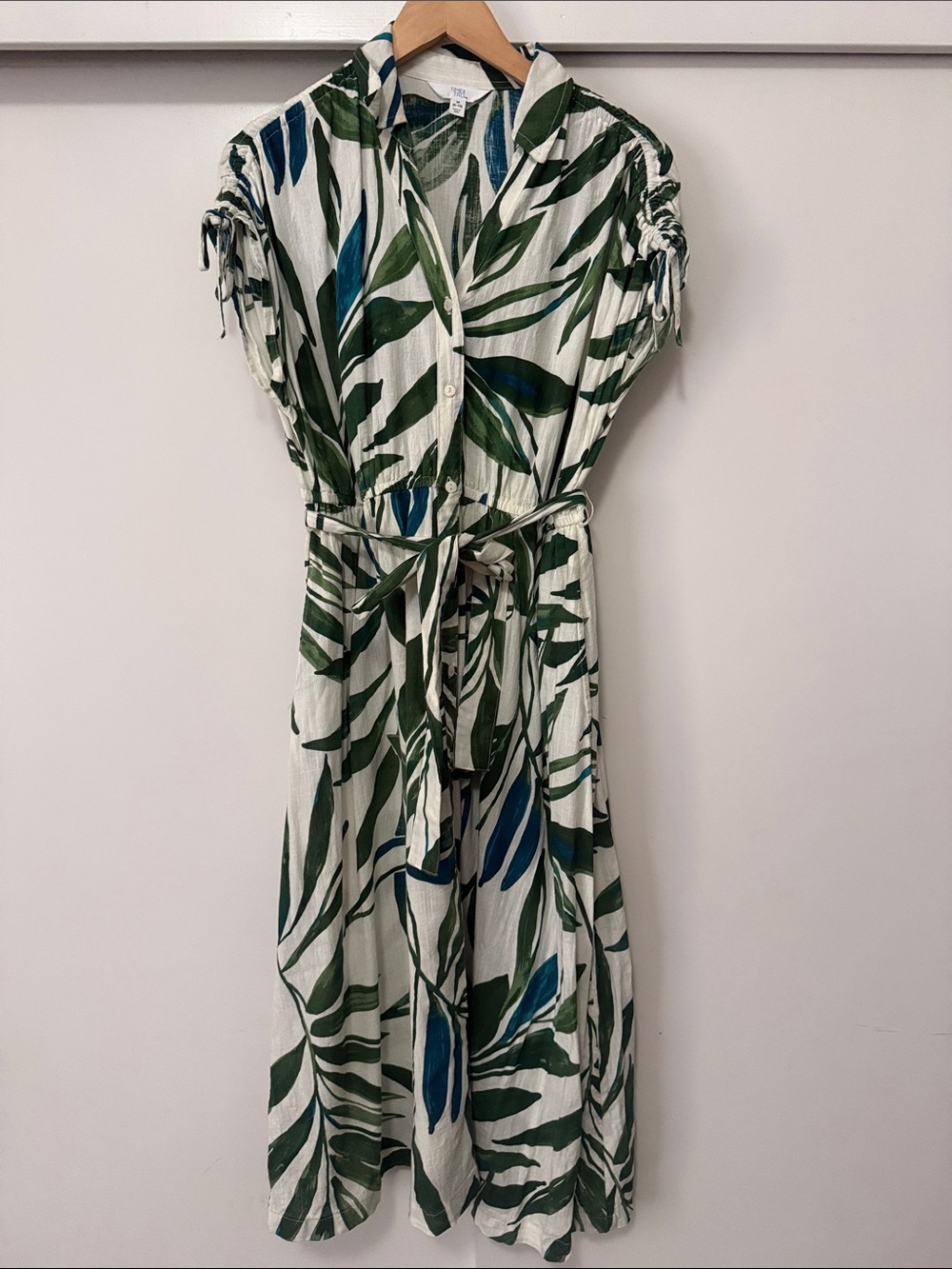 Time and Tru White Midi Shirt Dress with Green and Blue Leaf Print